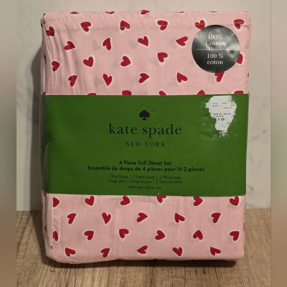 Kate Spade Pink and Red Heart Sheet Set Full Size NEW